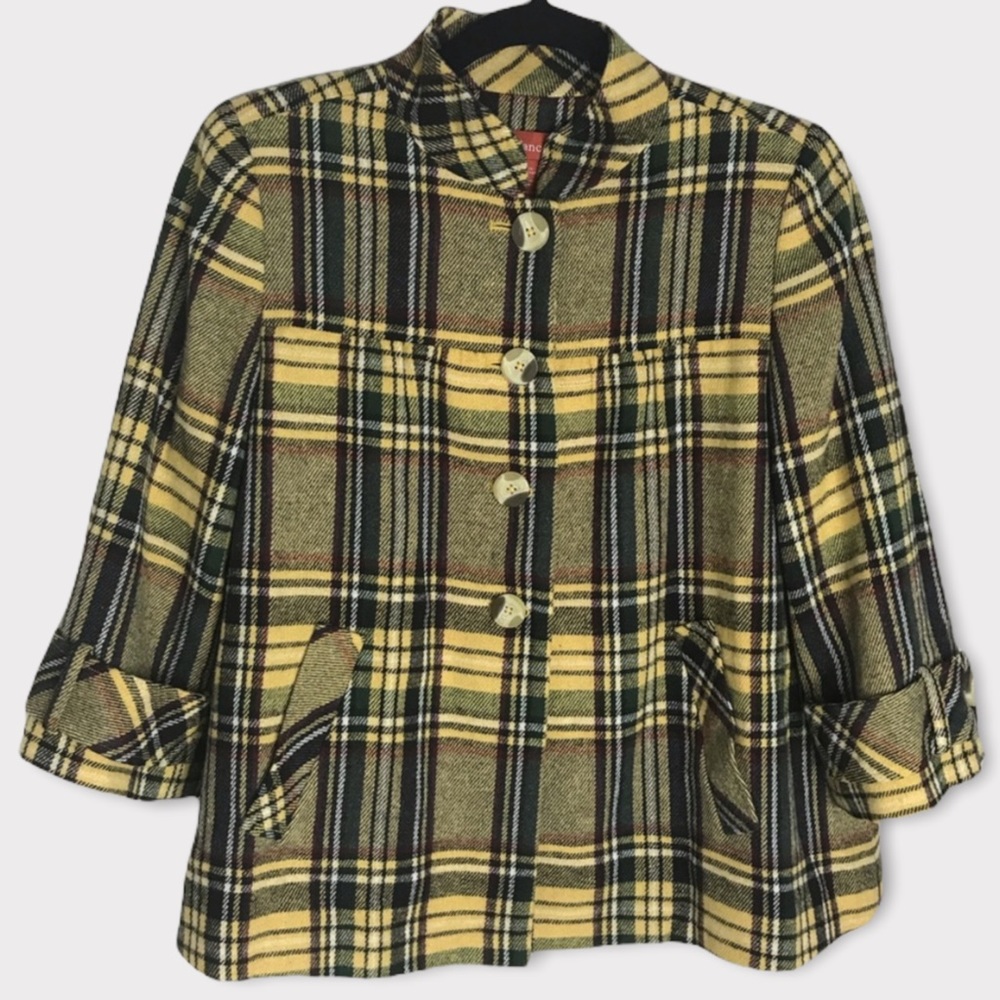 Sundance S Small Yellow and Black Plaid Swing Jacket 3/4 Sleeve Free Shipping